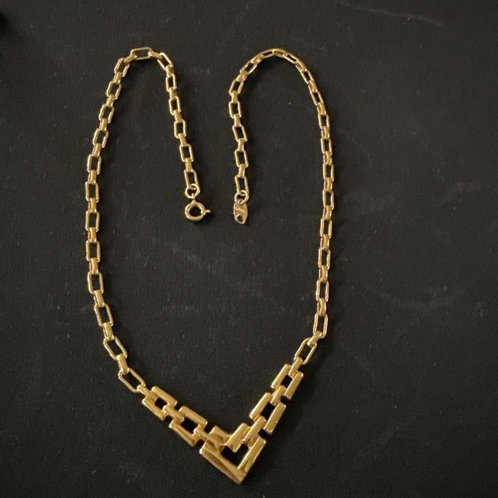 Vintage Signed AVON Gold Tone Geometric Block Chevron V Neck Statement Necklace